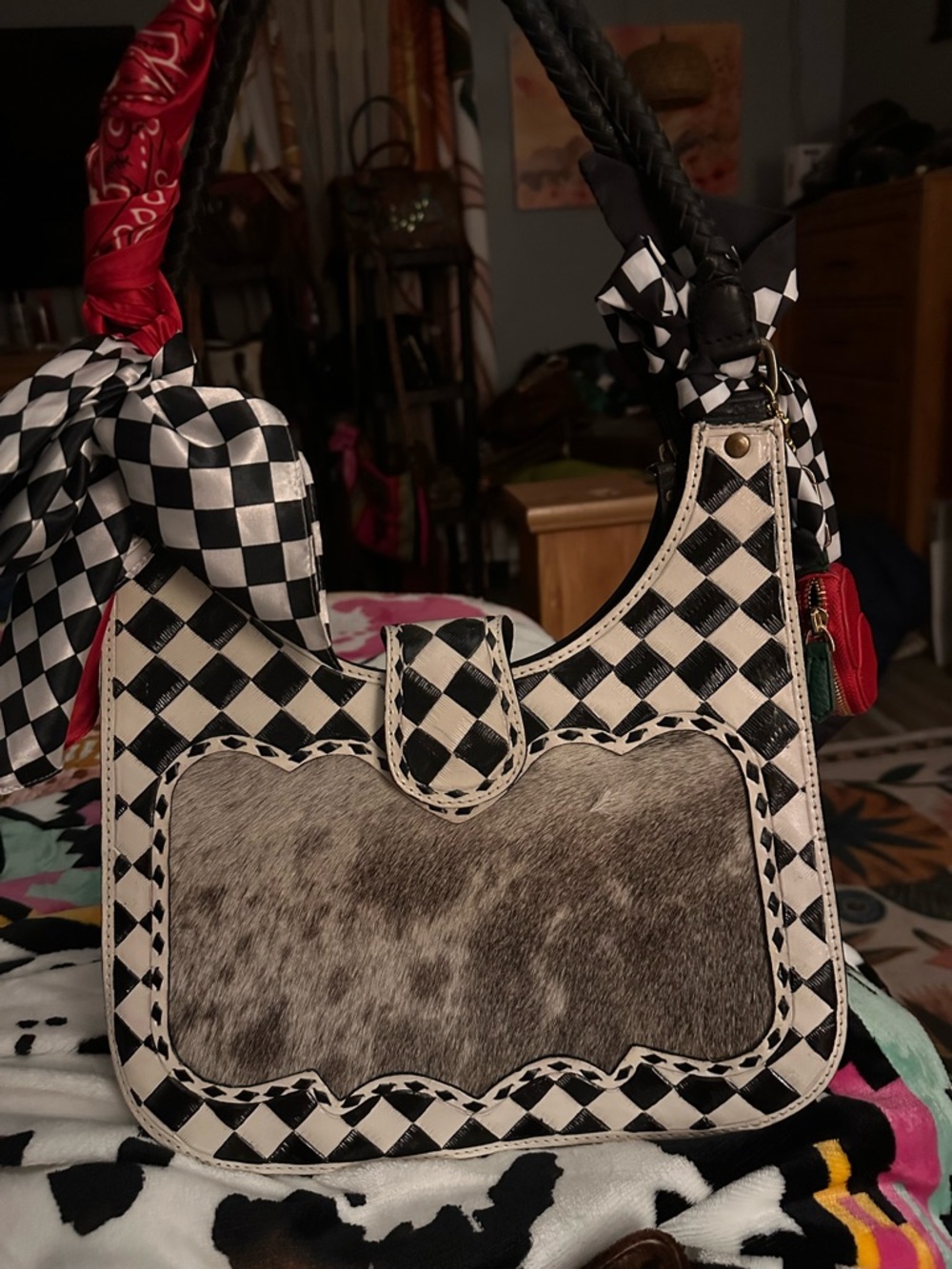 Black & White Checkered Shoulder Bag with Haircalf Panel